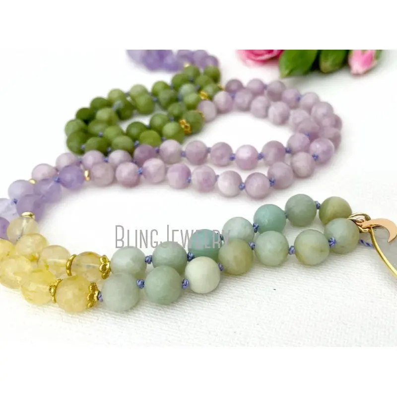 MN43535 Goddess Mala Necklace With Peridot Citrine Kunzite Amethyst Amazonite  Beads 108  Prayer  Yoga Gift