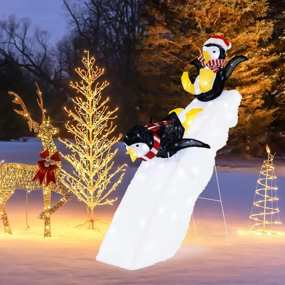 

4 FT Lighted Christmas Penguin Slide Scene Decoration, 2 Sliding Penguins & Snowy Slide, Pre-Lit Christmas Penguin & Slide with