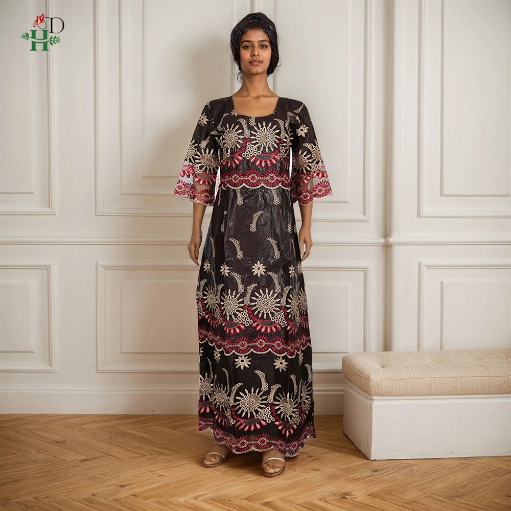 

H & D плюс размер африканские женские платья длинное платье с вышивкой и головным убором Дашики Базен платье для женщин африканская традиционная одежда