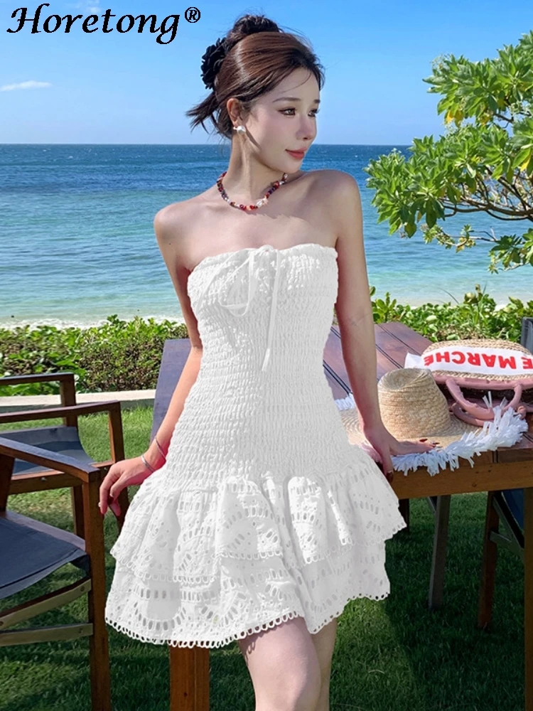 Horetong vestido sem alças, múltiplas camadas, bordado, babados, cintura alta, elástico, mini vestidos femininos, vestido de férias de verão