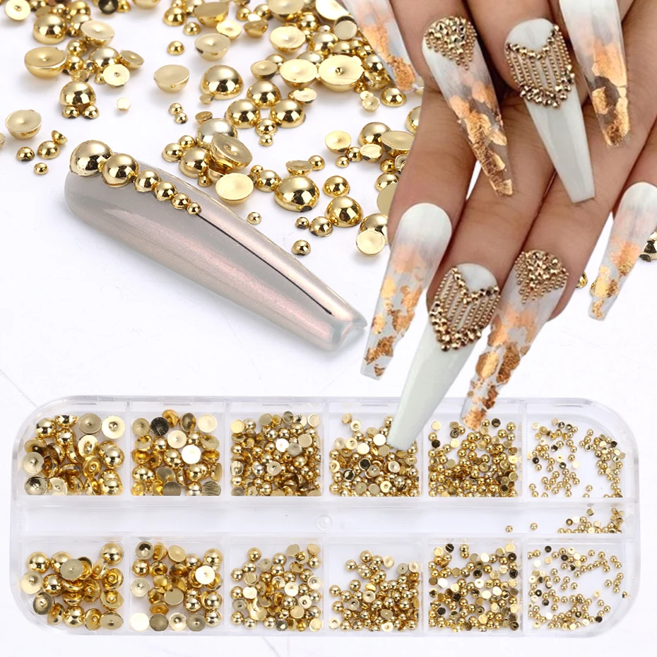 12 Grids Silver Gold Pearl Nail Charms Mix Size Flatback Half Round Bead Nail Parts Japanese Korea Metal Jewelry Nail Decoration