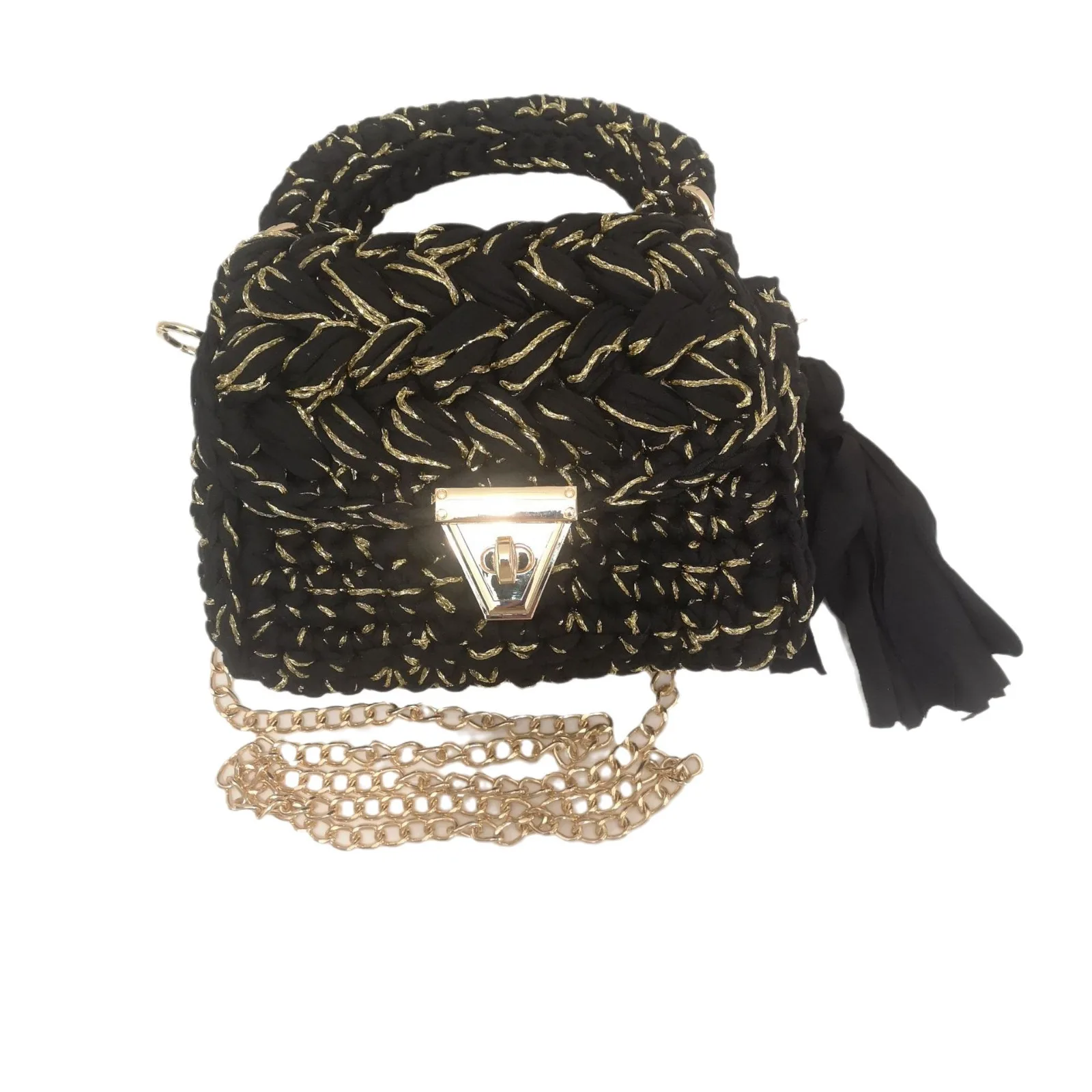 2024 New Cloth and Gold Crochet Handbag Women\'s Crossbody Tassel Small Square