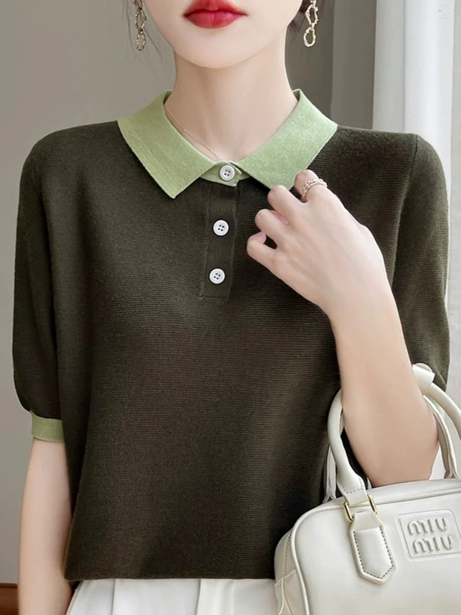 Sli Ne ort Sve T-Shirt für Damen, Sommer, 2024, neu, gestrickt, Basisschicht, Oberteil, Farbe, Blo-Design, Pendeln, einfache Sle