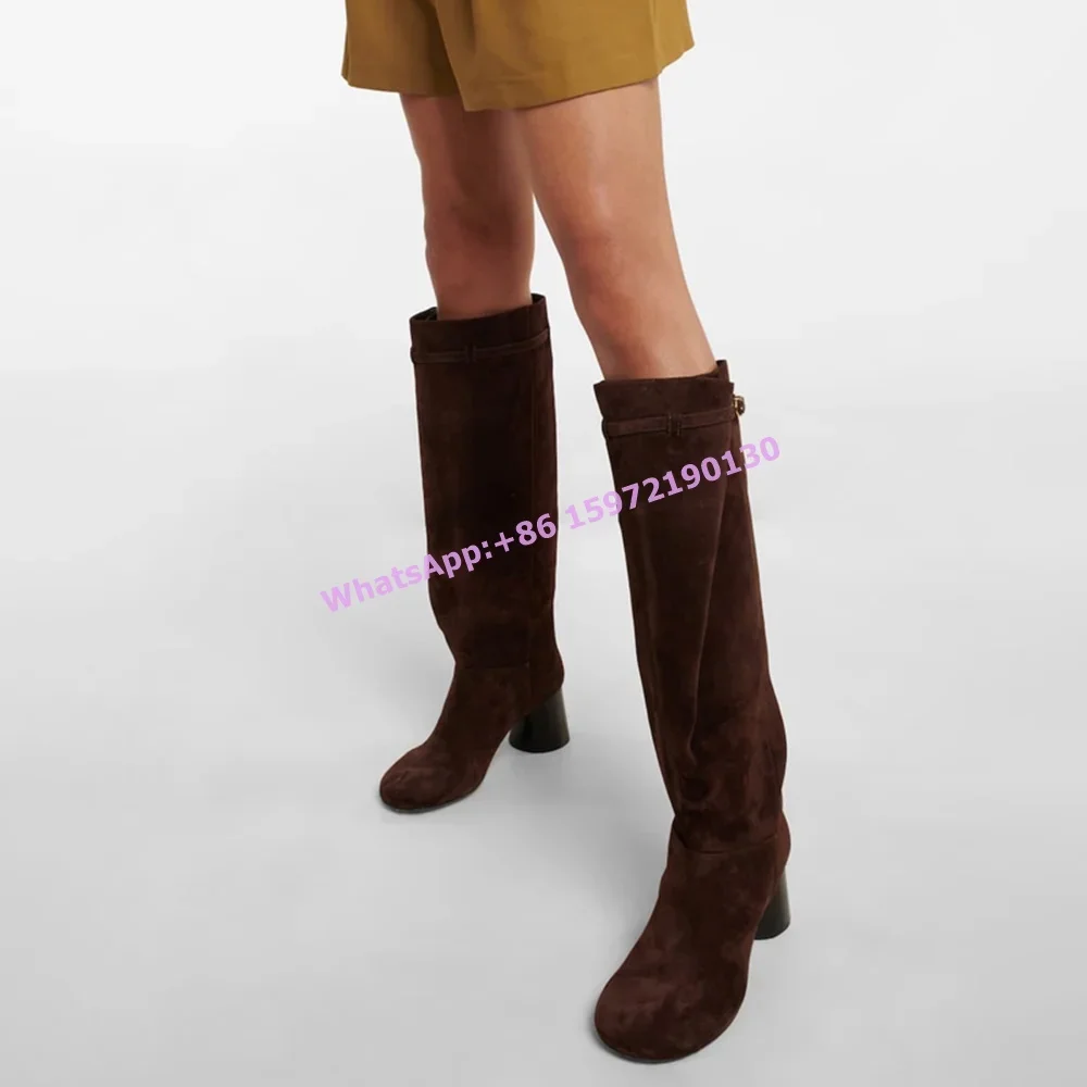 

Suede Buckle Boots Round Toe Chunky Heels Buckle Belt Fashion Luxury Knight Boots Concise Leisure Women's Winter Knee High Boots