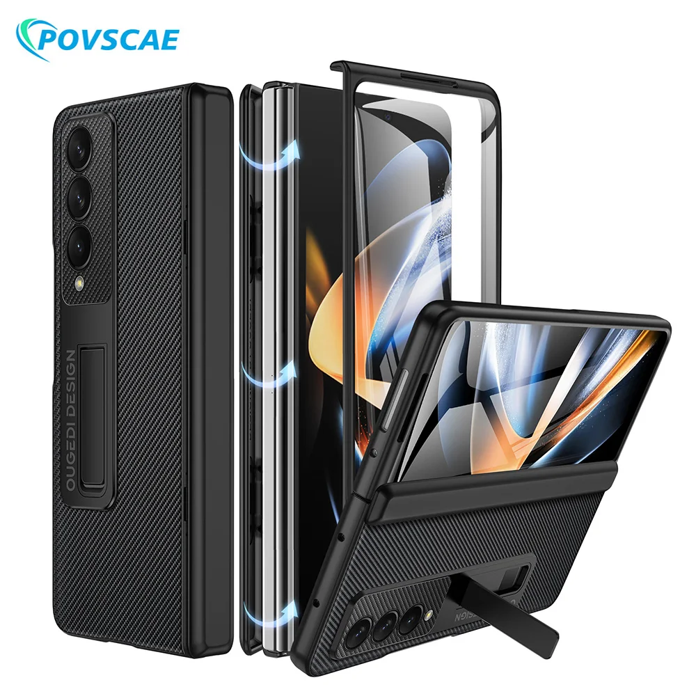 

Slim Case For Samsung Galaxy Z Fold 4 Hinge Protection Shockproof Leather Case With Kickstand HD Tempered Film Screen Protector