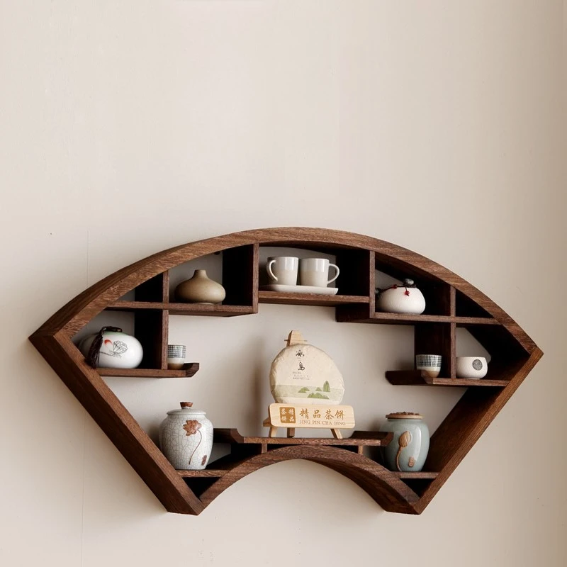 Chinese Wall-Mounted Fan-Shaped Solid Wood Display Rack Multi-Grid Shelf Antique Teapot Organizer Decorative Stand