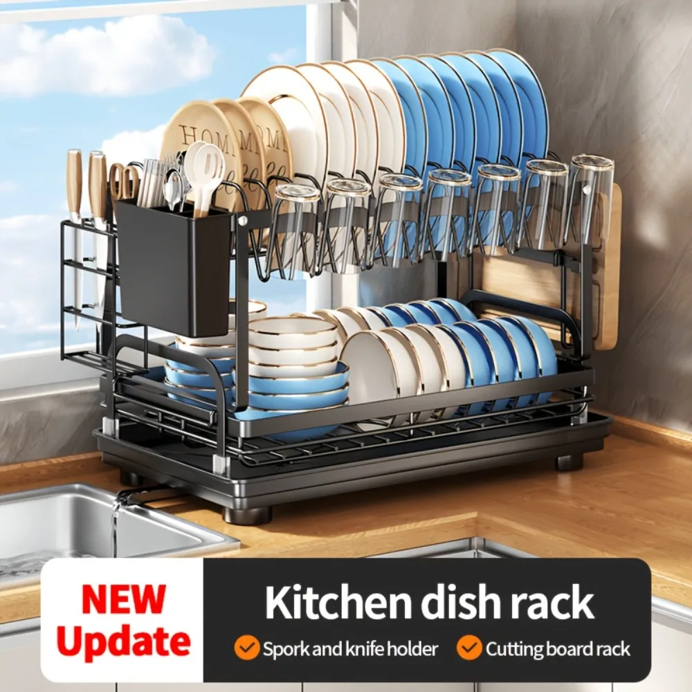 2-Tier Metal Dish Rack Space Saving Countertop Organizer W/ Cutlery Cup & Cutting Board Holder, Rust-proof Draining Tray
