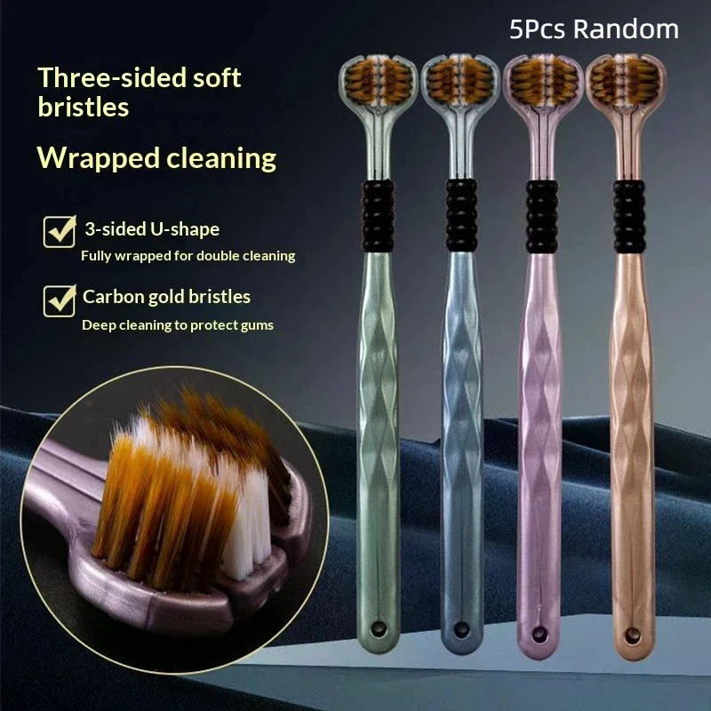 5Pcs Three Sided U Shape Toothbrush Soft Carbon Gold Bristles Full Wrapped Cleaning Daily Oral Care Home Use No Miss