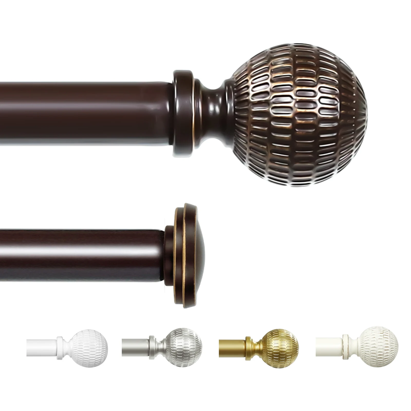 1 Set 5/8 Inch Diameter Double Heavy-Duty Decorative Curtain Rod, Telescoping Single Rod with Reticulated Ball Finials, 28 to 120 Inches
