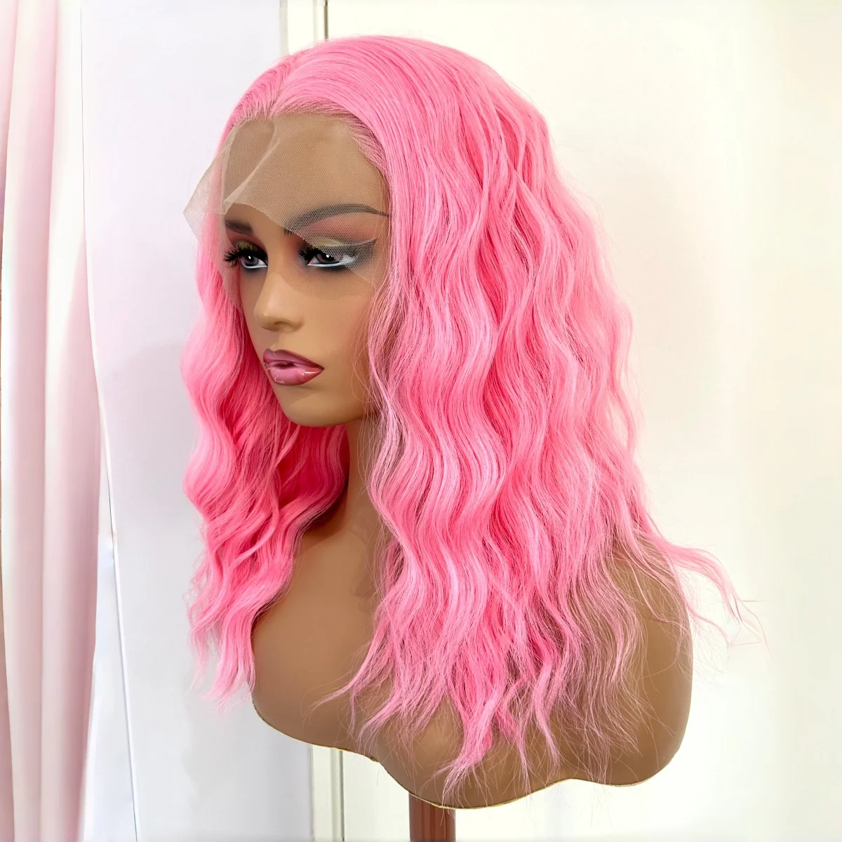Short Curly Wave Pastel Pink Wigs for Women Synthetic Free Part Shoulder Length Pink Bob 13X4 Lace Front Wigs for Women Party