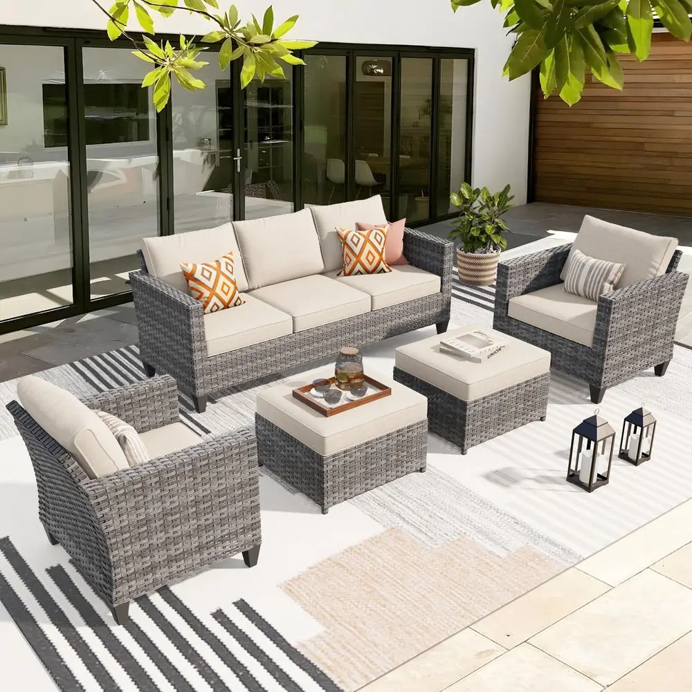 

Patio Furniture Set, 5 Pieces Outdoor Wicker Sofa Couch with Chairs, Ottomans and Comfy Cushions, All Weather High Back Rattan