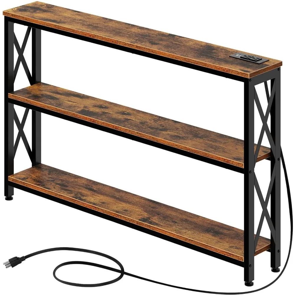 Banktafel Met Laadstation, 3 Tier Smalle Console Opbergplank En Stopcontact, Banktafel