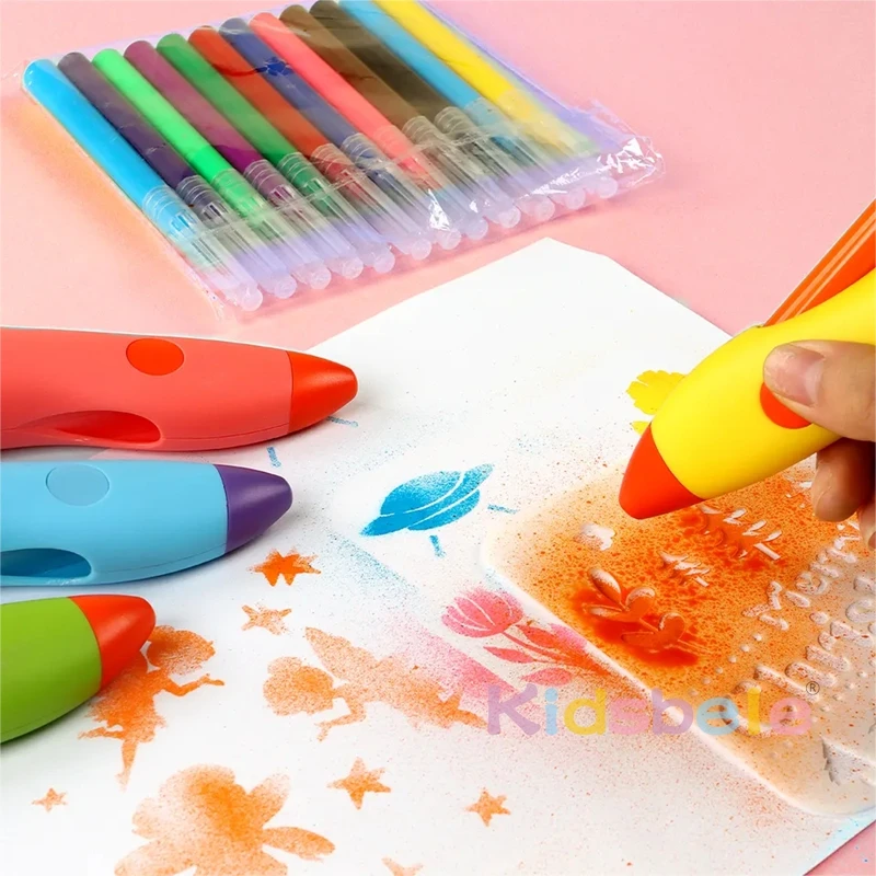 Set di penne per Graffiti elettrici per bambini Magic Spray pennarelli per pittura artistica lavabili Airbrush BlowPen ricaricabile 4 stencil Doodle Drawing