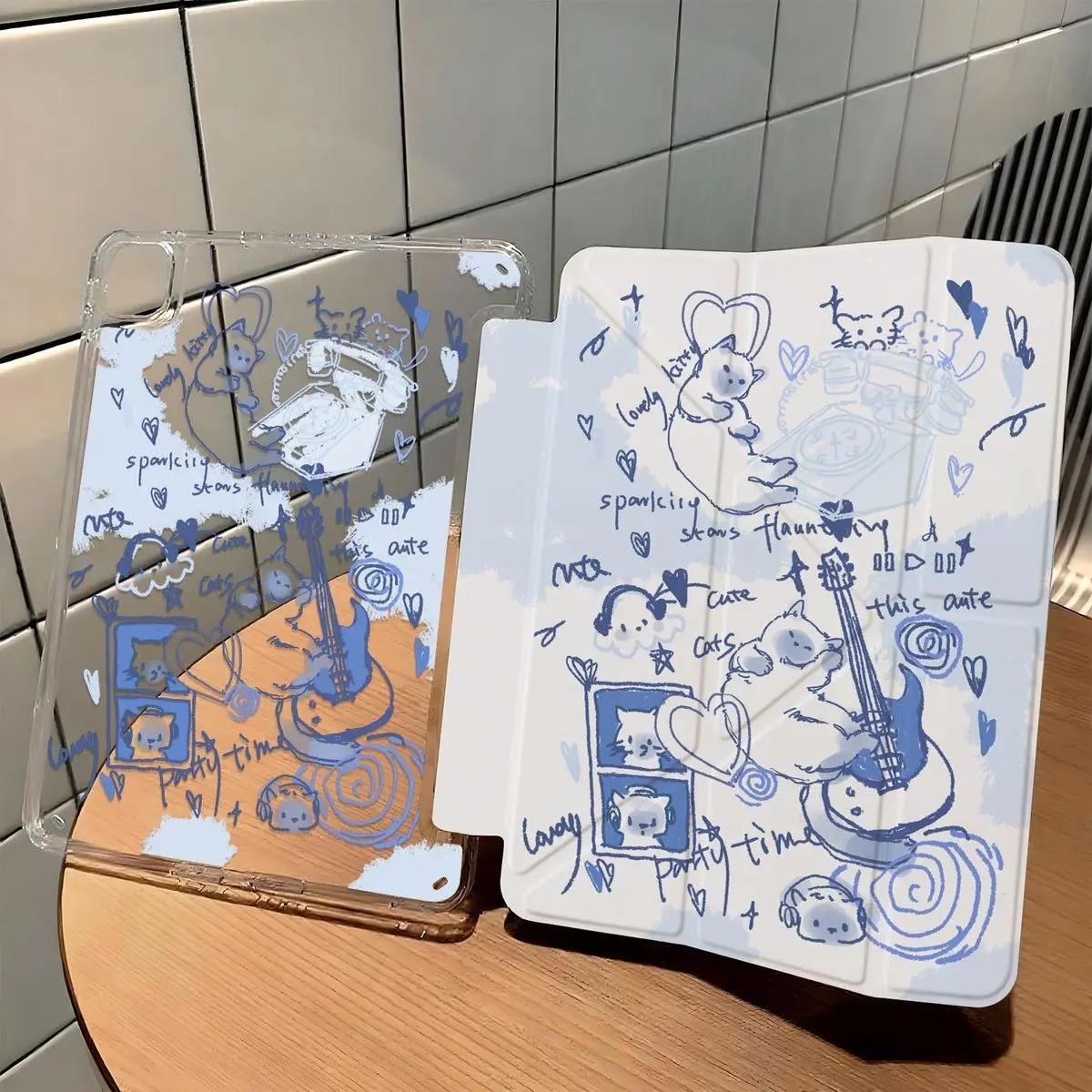 Korean Kawaii Blue Guitar Cat For iPad Pro Air 13 11 M5 M4 M3 M2 2 1 11th A16 12.9