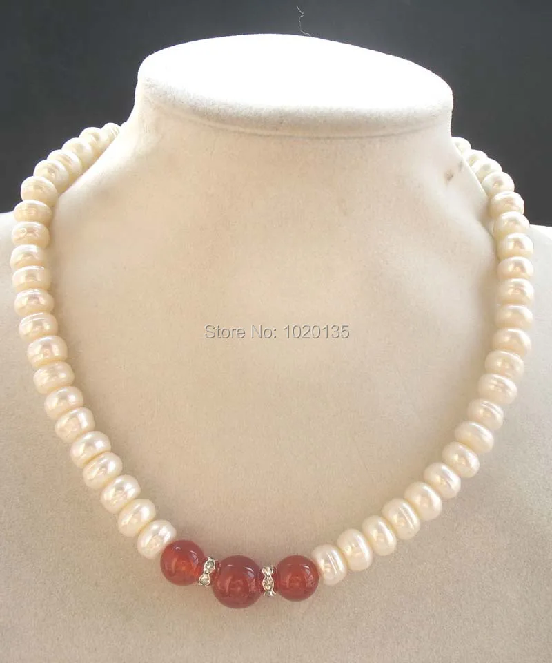 

freshwater pearl white near round and red agate necklace 17inch nature wholesale beads gift