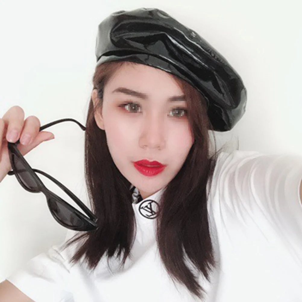 

Pu Mirror Beret 56-58Cm Black Women'S Fashion Beanie Hat Lightweight Warm Outdoor Painter Cap Unisex Gift