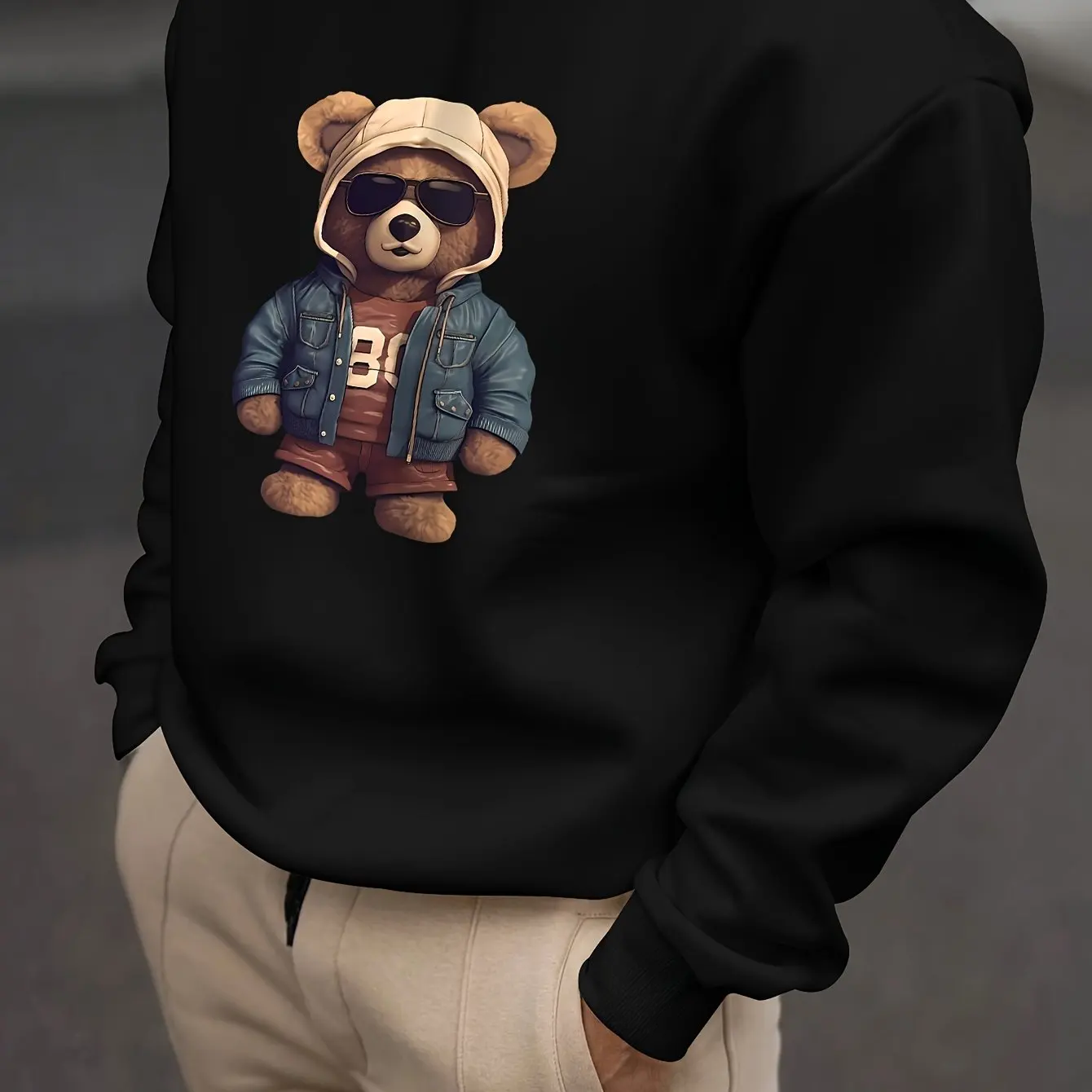Fashion Cute Bear Graphic Men's Sweatshirts Autumn Loose Breathable Long Sleeve Clothes Simple Design Loose Round Neck Pullovers