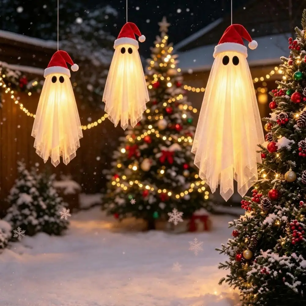 3 Pcs Christmas Hanging Ghost Decoration, Halloween Spooky Mesh Ghost Ornament With Santa Hat For Holiday Party Decor