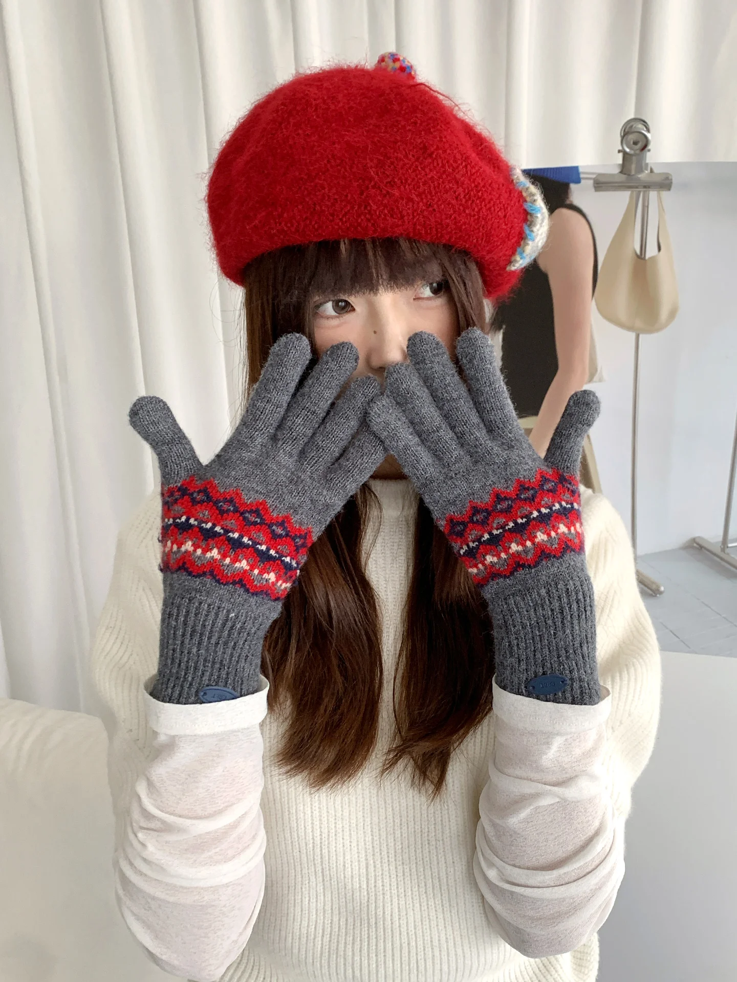 タッチスクリーンレトロフェアアイルカラーワークニット手袋女性用冬乗馬暖かく防寒指なし