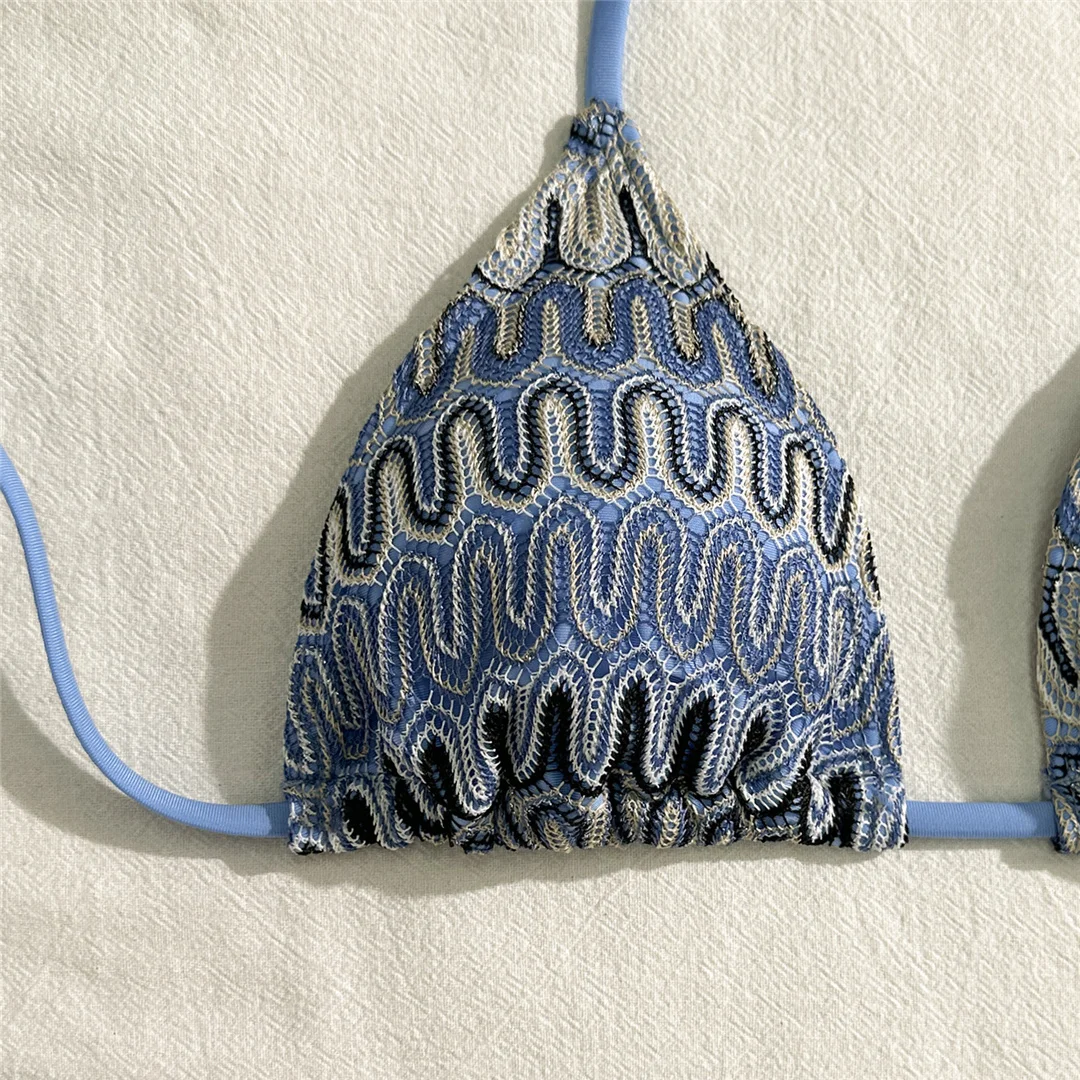 Bedruckter Neckholder-Bikini mit Trägern, Damen-Badeanzug, dreiteiliges Bikini-Set mit Rock, Badebekleidung, Badeanzug, Schwimmbekleidung V5921C – Detail 17
