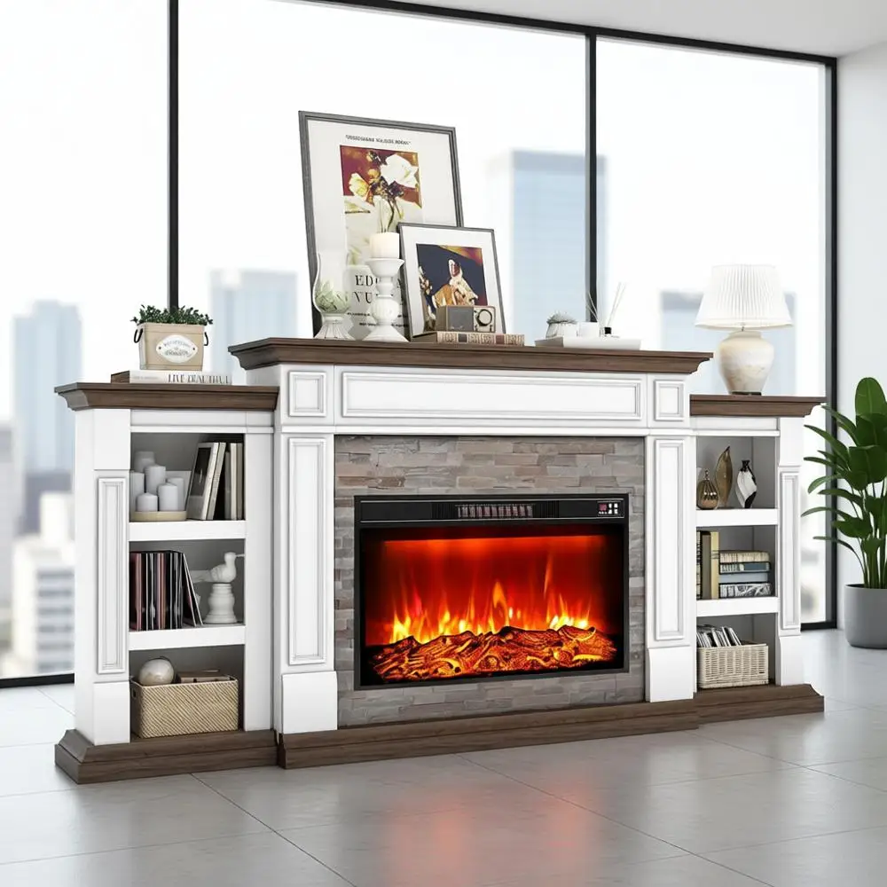 

Электрический камин-тумба под телевизор 90 дюймов с облицовкой, местом для хранения и пультом ДУ для гостиной