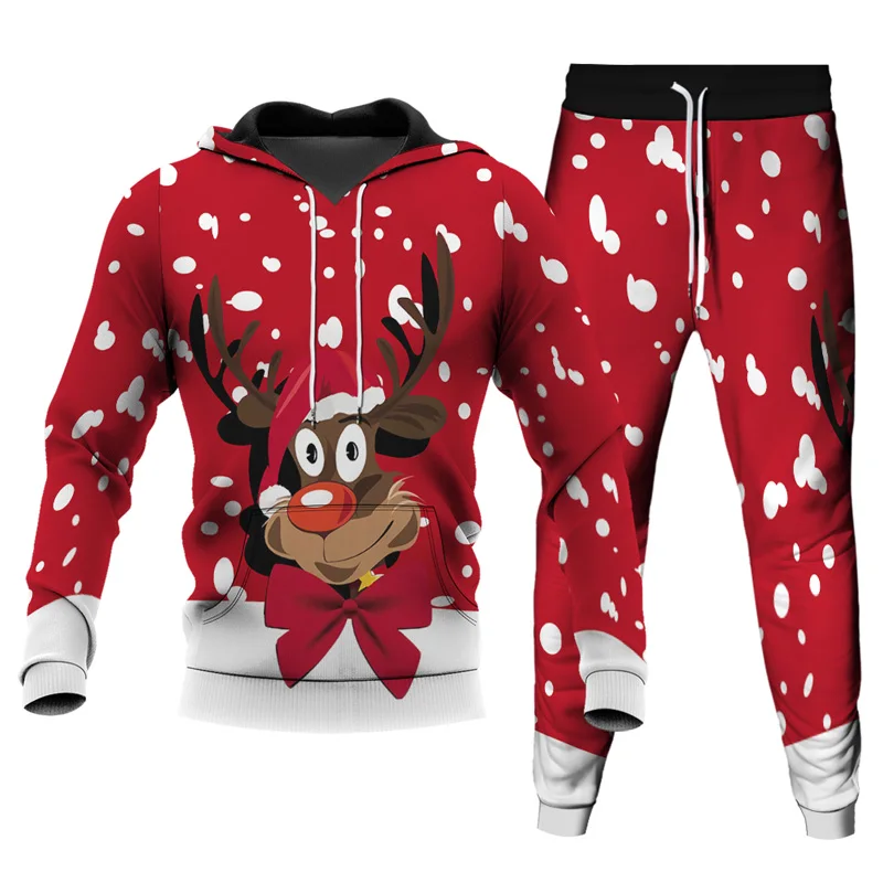 Hoodies Sets Of Clothes For Men Christmas Deer 3D Print Men Casual Pullover Oversize Loose Tracksuit Sweatshirts+Pants 2Pcs Sets