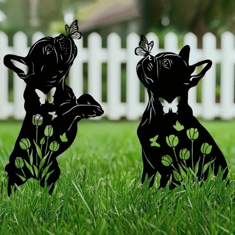 C7AC Black Dog Kisses Butterfly Figure Garden Decoration Set Of 2 For Flower Beds