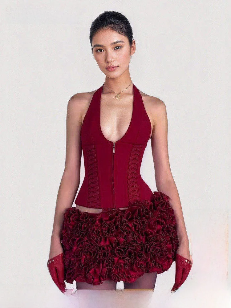 Sexy Red American Street Style Strap Vest Funoff Binding Neck Waist Crop Top for Young Women Short Length Zipper Closure