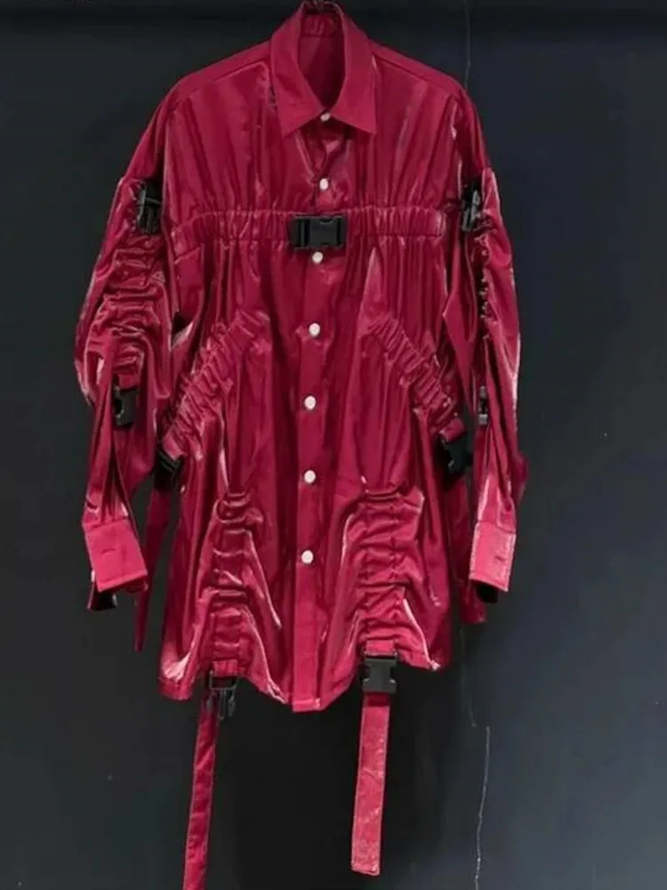 Shiny Satin Ruched Strap Buckle Male Shirt Niche Dark Gothic Street Spring Autumn Long Sleeve Casual Shirts DC3S