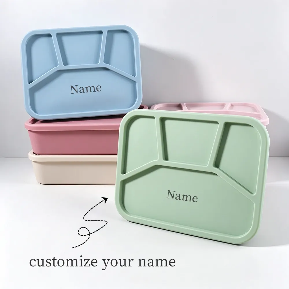 Custom Name Bento Box | Adorable 4-Section Silicone Lunch Box for Boys & Girls | Eco-Friendly & Leak-Proof