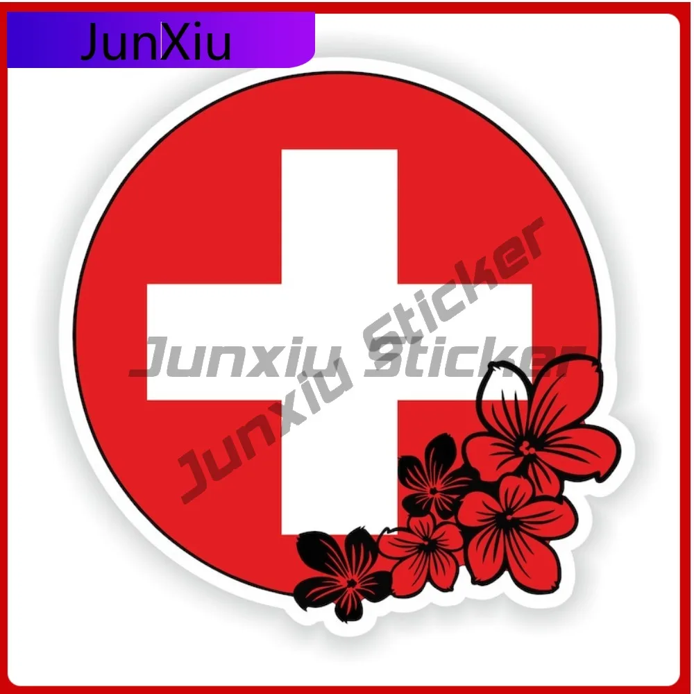 

Switzerland Round Flag Flower With National Emblem Vinyl Stickers Graphic Decals Motorcycle Bumper Suv Cover Waterproof Stickers