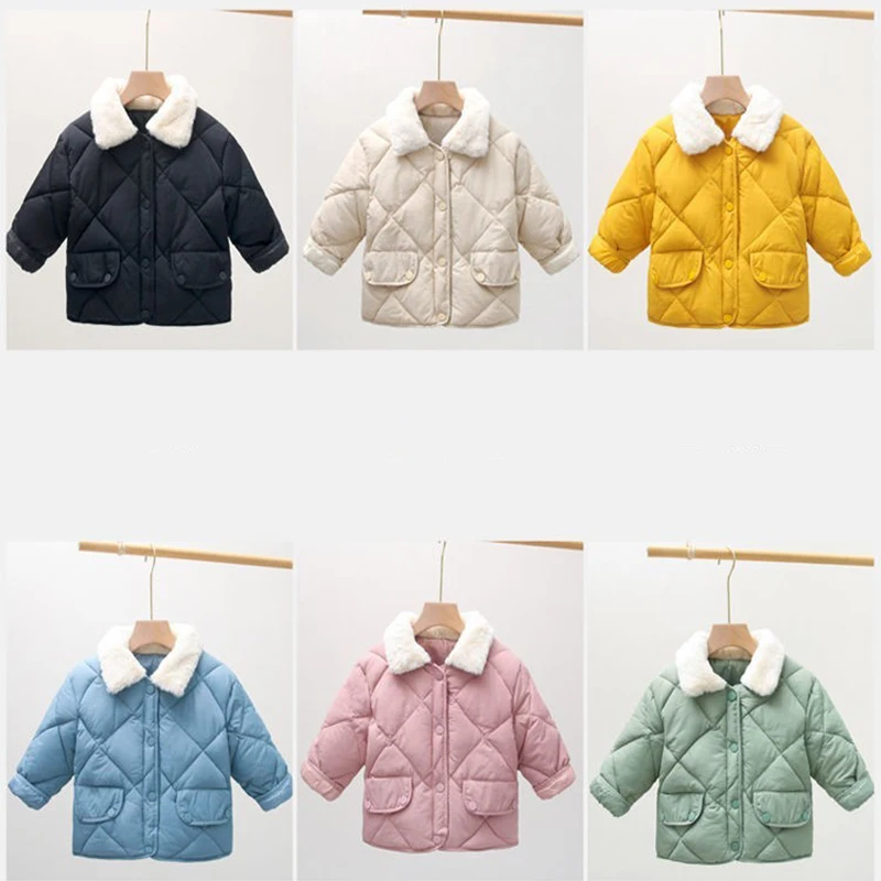 Winter Warm Girls Lapel Jackets Solid Color Outerwear Kids Boys Autumn Lattice Coat New Sports Casual Clothes For 2-6 Years Old