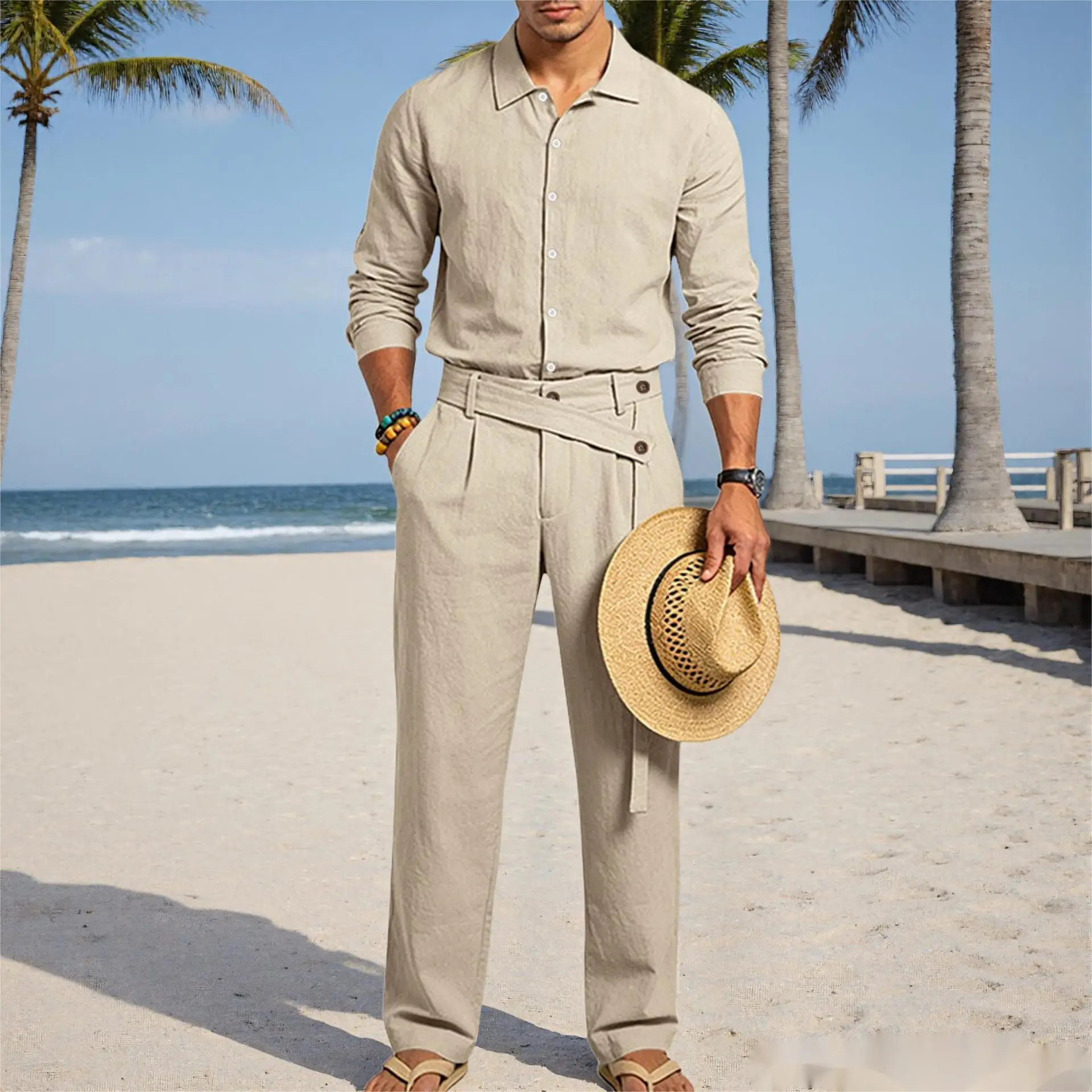 Europäisch-Amerikanisches Herren-Leinen-Freizeitset: Hemd mit Umlegekragen und Hose mit hohem Bund und Gürtel – Locker, atmungsaktiv, für Urlaub und Strand – Detail 27