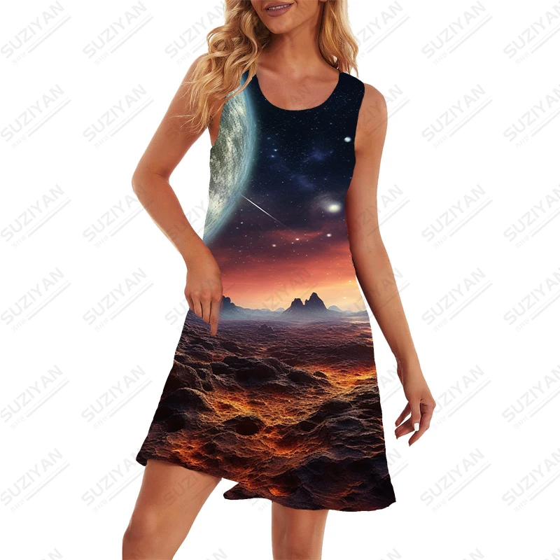 Vestido sin mangas con estampado 3D de cielo estrellado romántico para mujer, vestido informal suelto, vestido suave Simple, moda urbana de verano