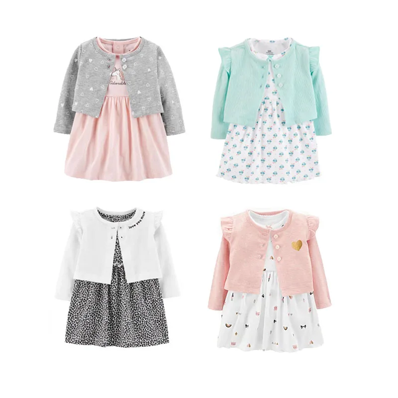 Summer Newborn Baby Girls Clothes Sets Toddler Cotton Floral Button Dress+ Long Sleeves Coat Baby Girls Bodysuit Dress 2Pieces