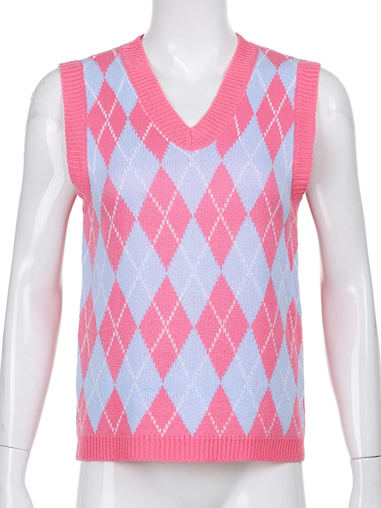 Sweetown Sleeveless Knit Argyle Plaid Jumpers For Women 2022 Preppy Style Pink Sweet Sweater Vest V Neck Kawaii Korean Clothes