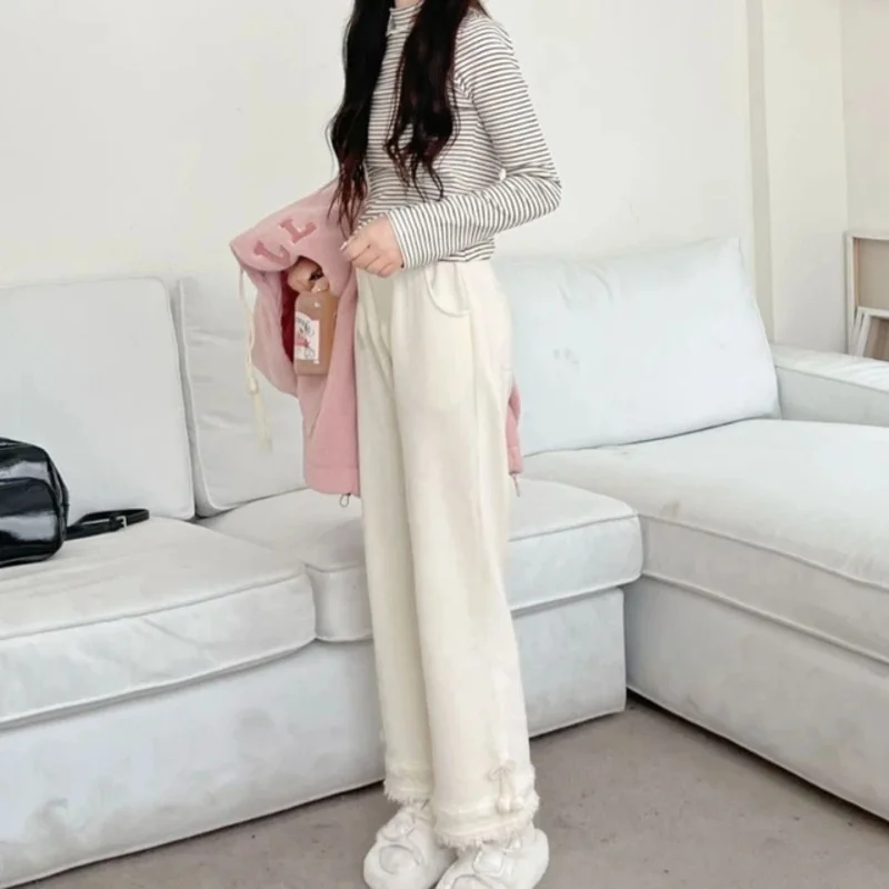 Japanese Kawaii High Waist Lolita Pants Women Sweet Hairball Tassels Wide Leg Pants Trousers Girl Autumn Loose Casual Sweatpants