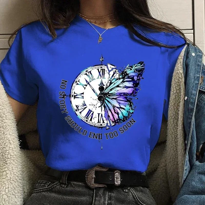 New Fashion T Shirt No Story Should End Too Soon Women's Fashion Personalized Creative Butterfly Clock Pattern Printed Shirt