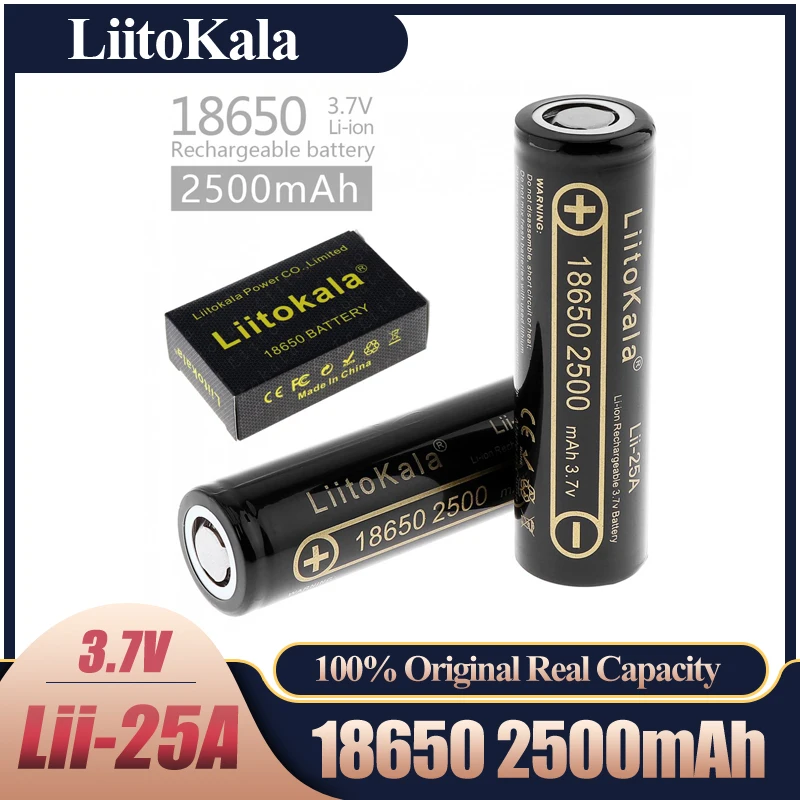 LiitoKala Lii-25A 18650 2500mAh بطارية بطارية قابلة للشحن INR18650 2500mah 20A التفريغ بطارية ليثيوم أيون بطارية الخليوي 15A