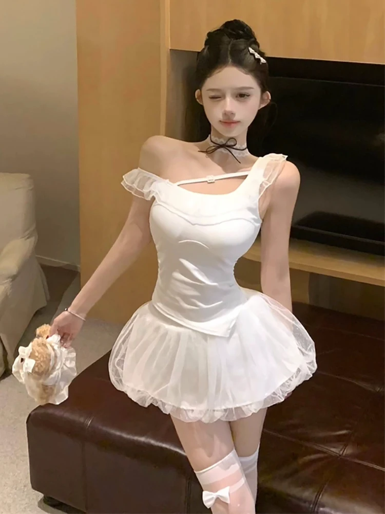 RORORIRI Desire-minifalda con punto de encaje para mujer, conjunto de falda ajustada con hombros inclinados, chaleco con tirantes, falda acampanada de malla lisa, ropa de verano Grayu