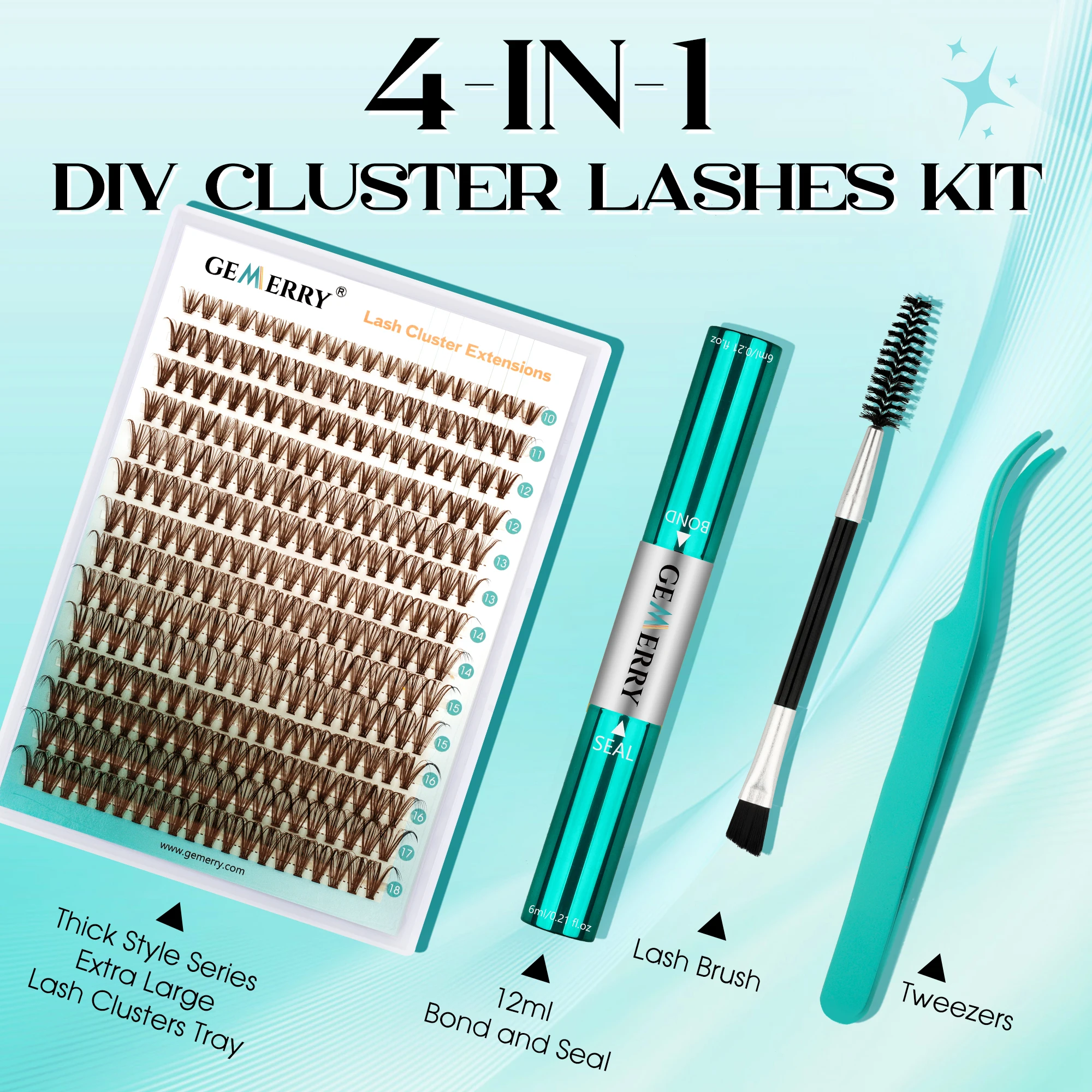 GEMERRY 40D/80D/100D/200D 280 Uds Kit de extensión de pestañas DIY pestañas de racimo esponjosas marrones D Curl Lash Bond and Seal, pinzas para pestañas