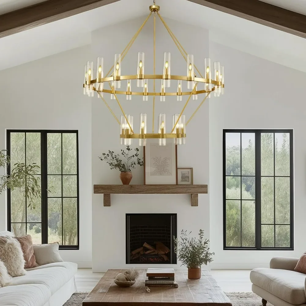 60 Inch Chandelier 2 Tier Industrial Chandelier with Glass Shade, 30-Light Large Round Chandelier Farmhouse Chandeliers for Room