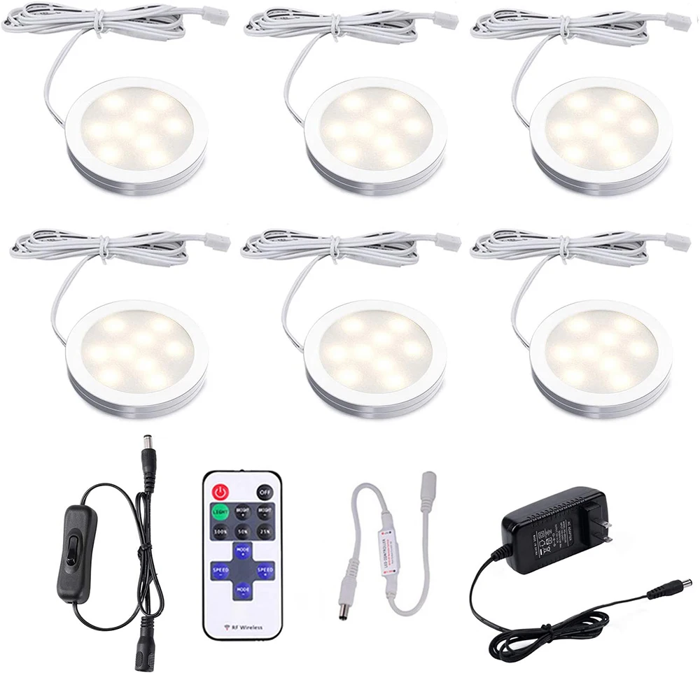 

3/4/6/8/10Pcs Dimmable LED Under Cabinet Lighting 12V Slim Aluminum Dimmable Puck Lights Kit For Wardrobe Bookshelf Closet Light