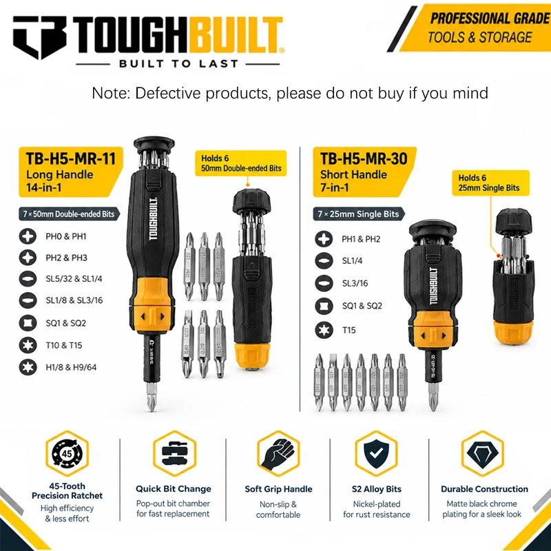 TOUGHBUILT TB-H5-MR-11/30 Ratchet Screwdriver, Long & Short Version S2 Alloy Bits Pop-up Anti-slip Handle Hand Tool(Defective)