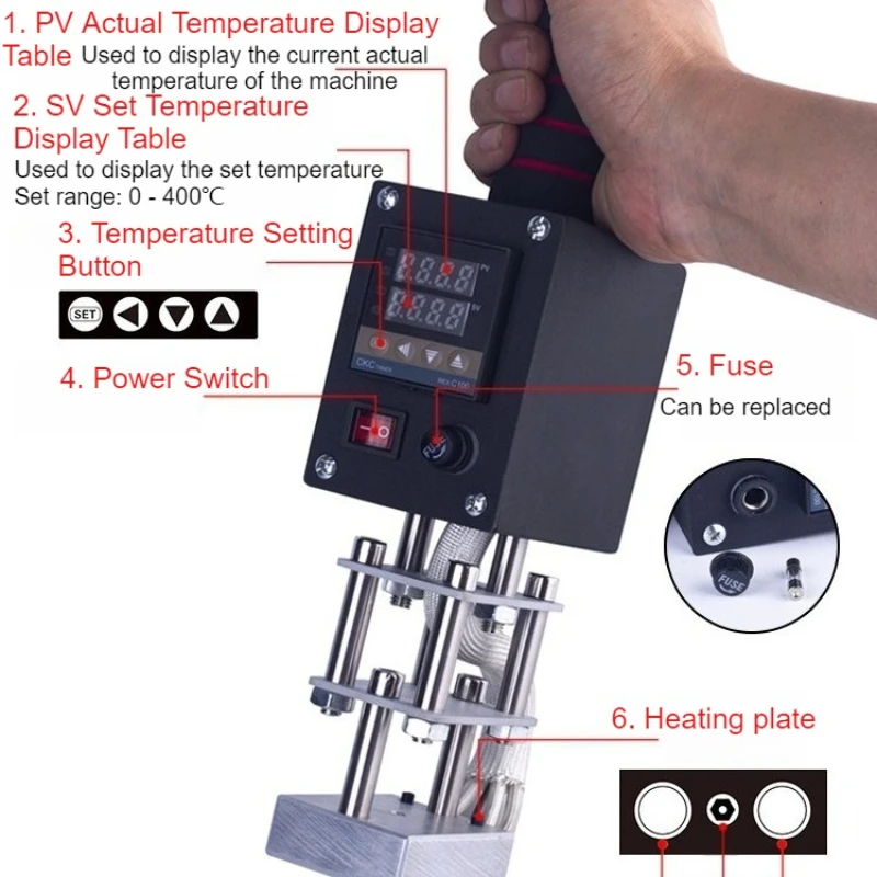 Singolo Doppia Maniglia 1000W Piccola Laminatrice Palmare 10×13cm Piastra di Riscaldamento In Pelle Scatola di Legno Noce di Cocco Pressa a Caldo Inchiostratrice
