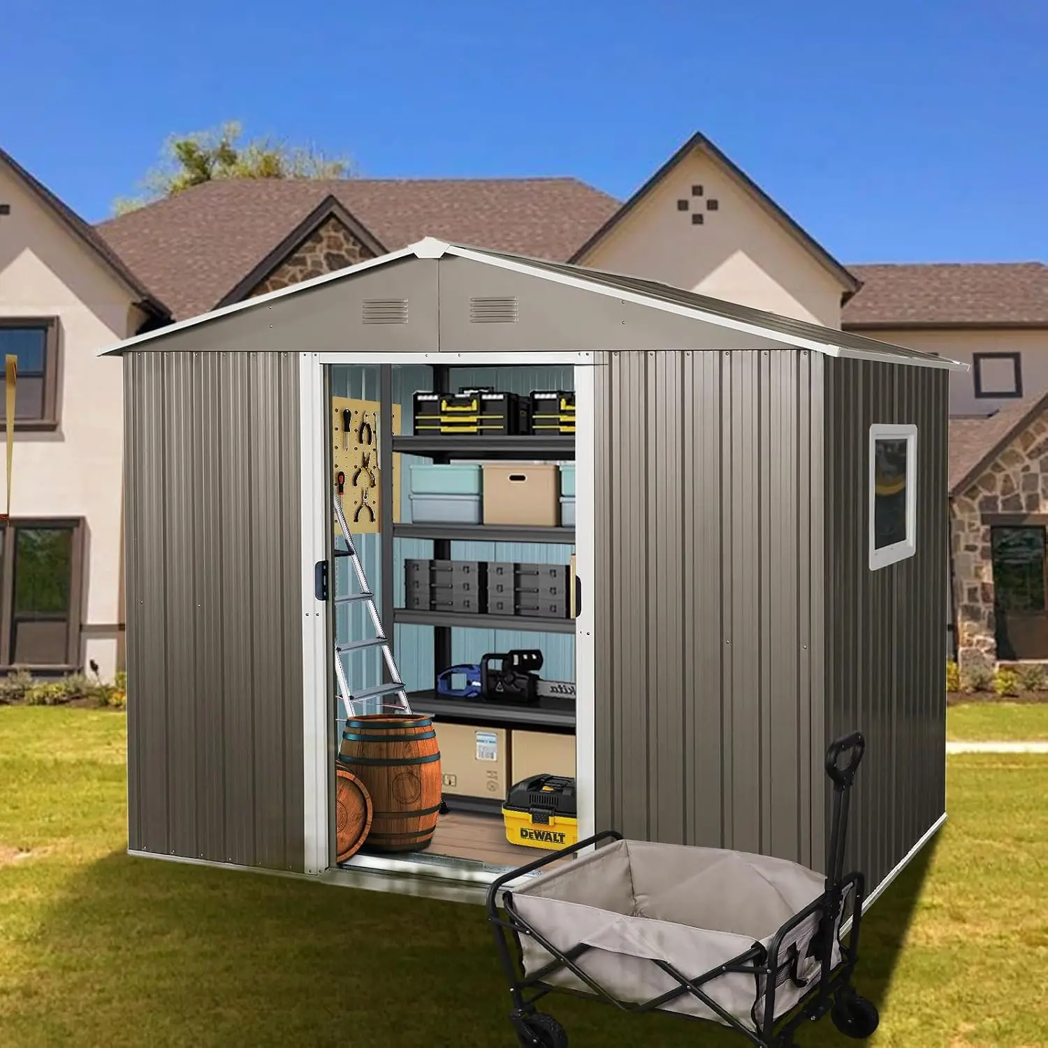 Metal Outdoor Storage Shed 8FT x 6FT, Iron Utility Tool Shed Storage House with Door & Lock & Window, for Backyard, Custom