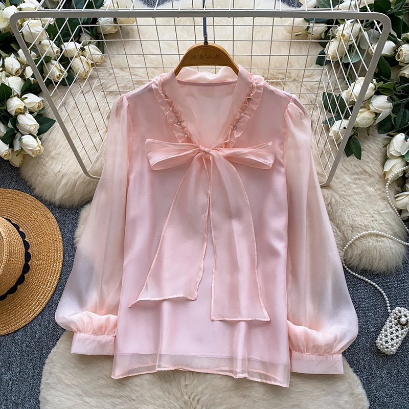 Spring Autumn Korean Version Sweet Style Bow Tie V-neck Shirt Women's New Long Sleeved Loose Commuting Style Blouse Top F03