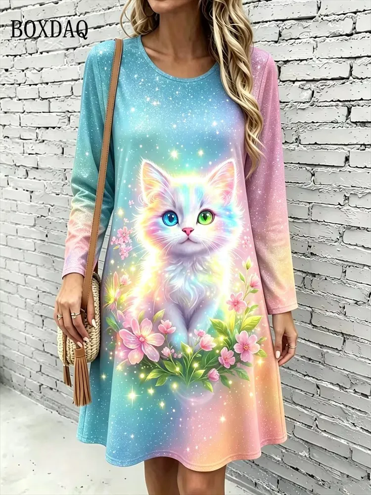 Cute Cat Floral 3D Print Dresses Women's Fashion Gradient Long-Sleeve Dress Autumn Winter Daily Casual Women's Loose Home Dress