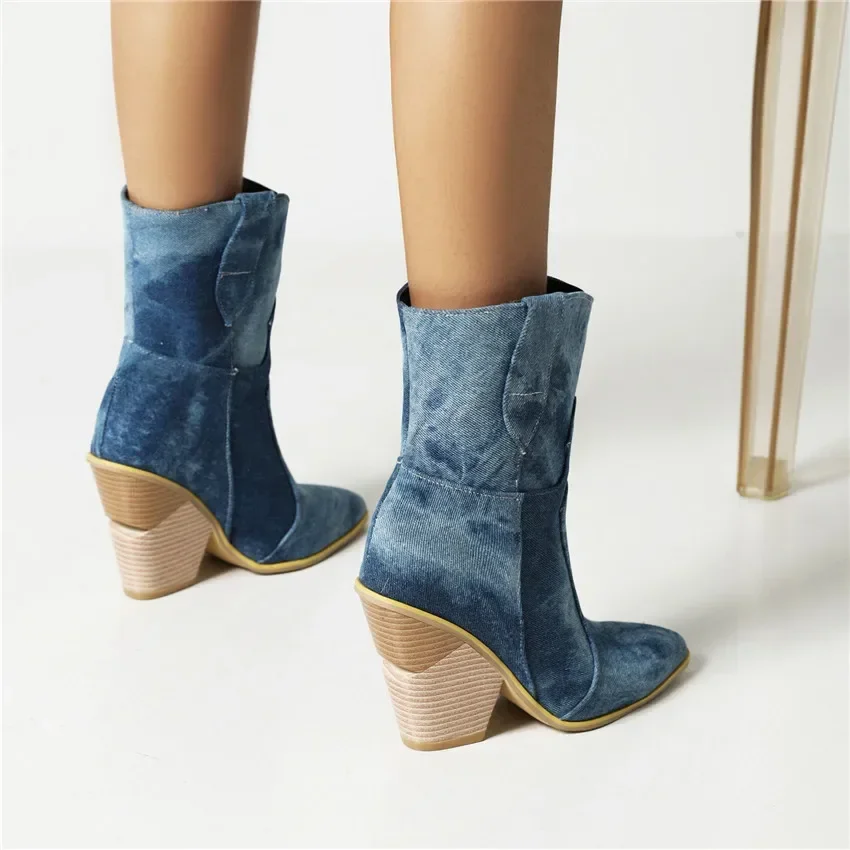 Western Denim Cowgirl Ankle Boots for Women High Wedge Heels Blue Jeans Yellow Pink Crocodile Print Lady Pointed Toe Short Boots