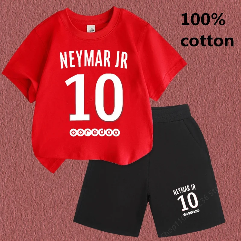 Refreshing Boys Girls Suit  Summer  Hot Selling Round Neck Short Sleeve Shirt 100% Cotton  Neymar  Children\'s T-Shirt 2024 New